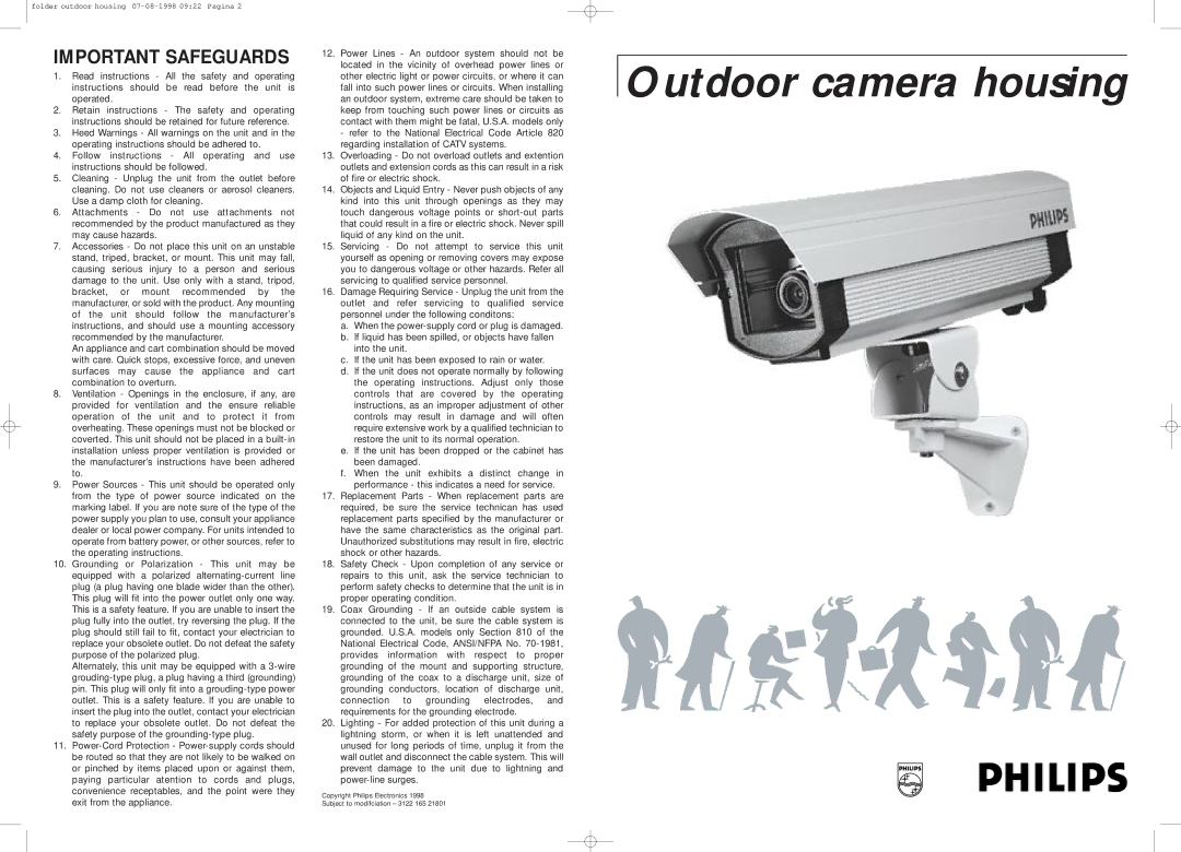 Philips G8027 1 operating instructions Outdoor camera housing, Important Safeguards 