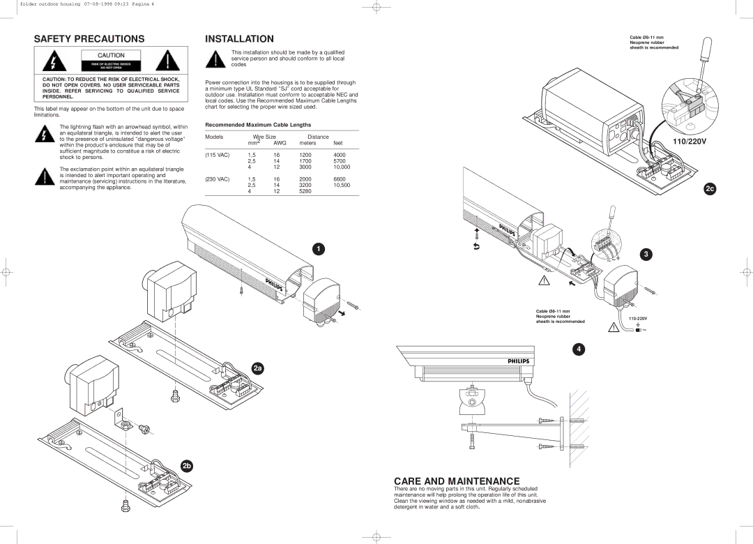 Philips G8027 1 Safety Precautions, Installation, Care and Maintenance, Recommended Maximum Cable Lengths, Awg 