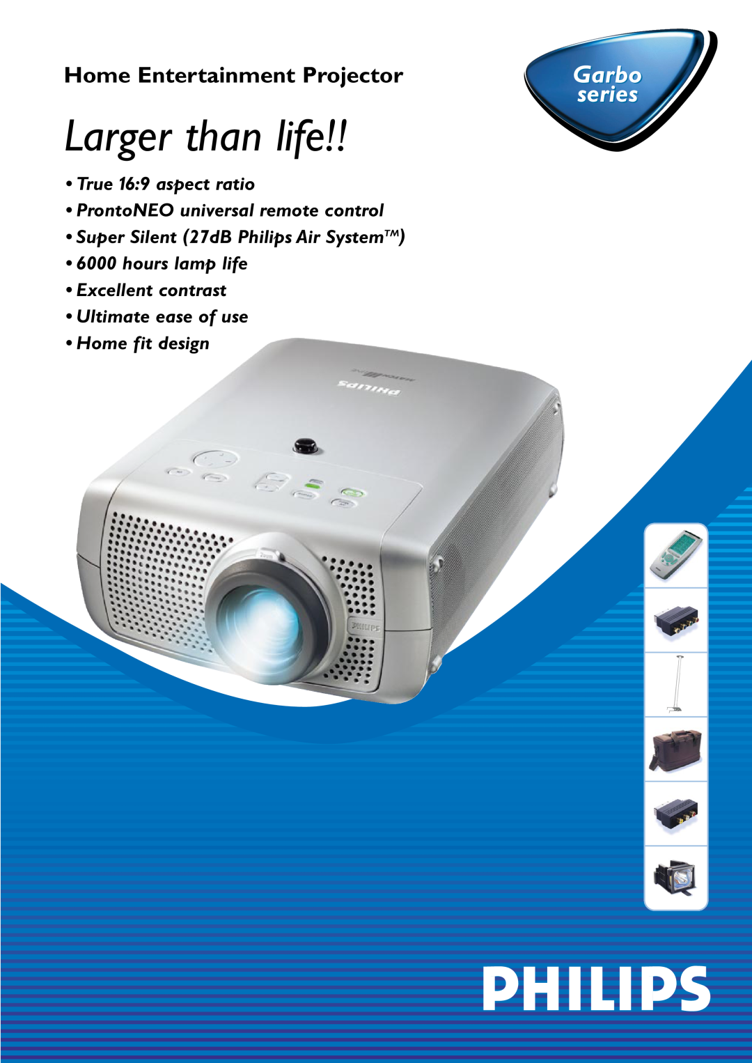Philips Garbo Series manual Larger than life, Home Entertainment Projector, series, True 16 9 aspect ratio 
