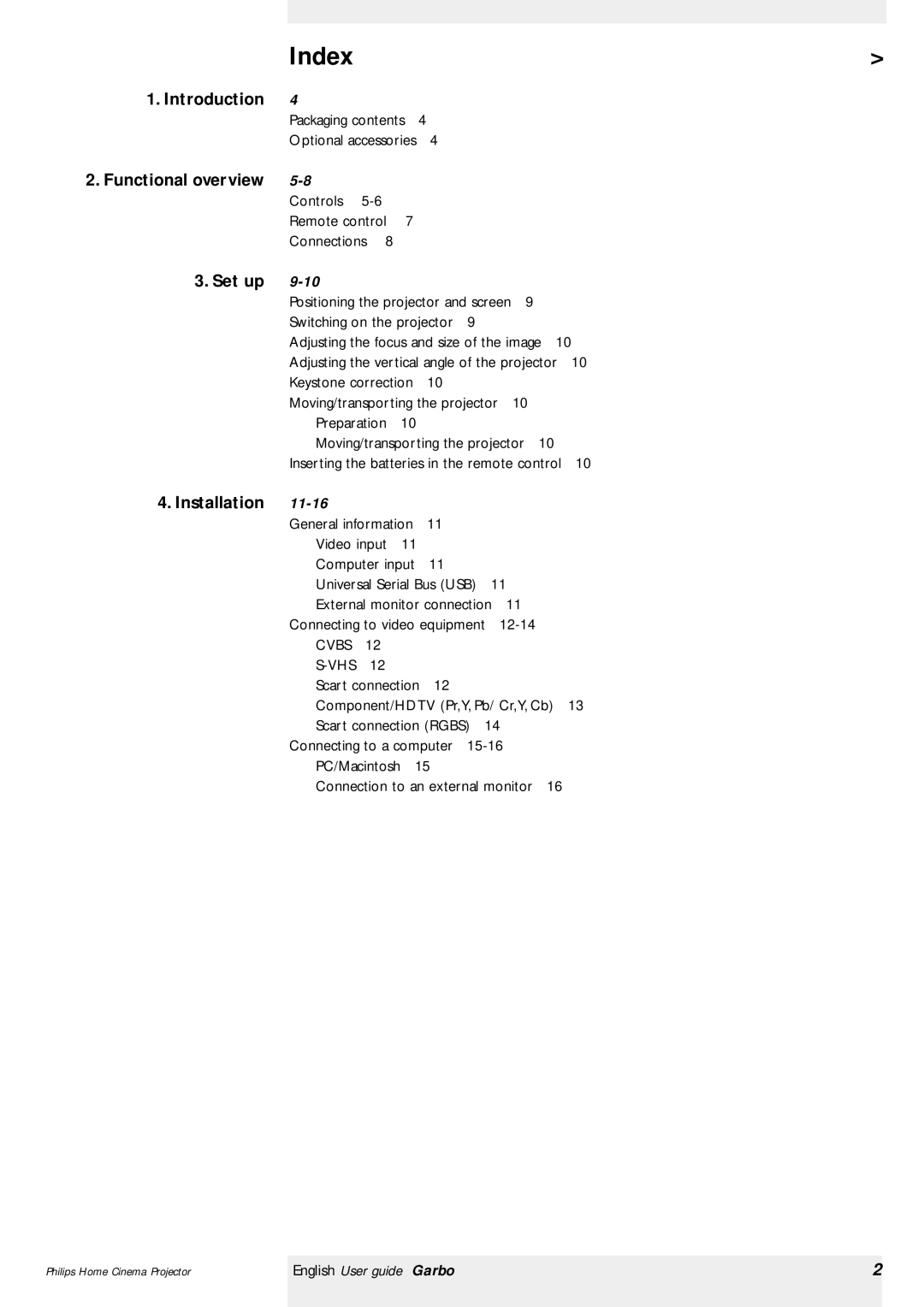 Philips Garbo manual Index, Introduction, Set up, Installation, 11-16 