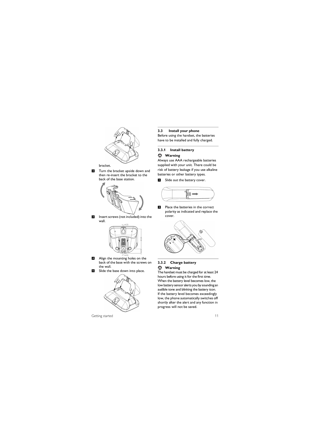 Philips gb telephone manual Install your phone, Install battery, Charge battery, Getting started 