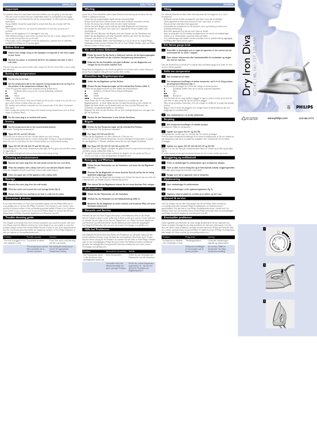 Philips GC135, GC146, GC147, GC137 manual English, Deutsch, Norsk 