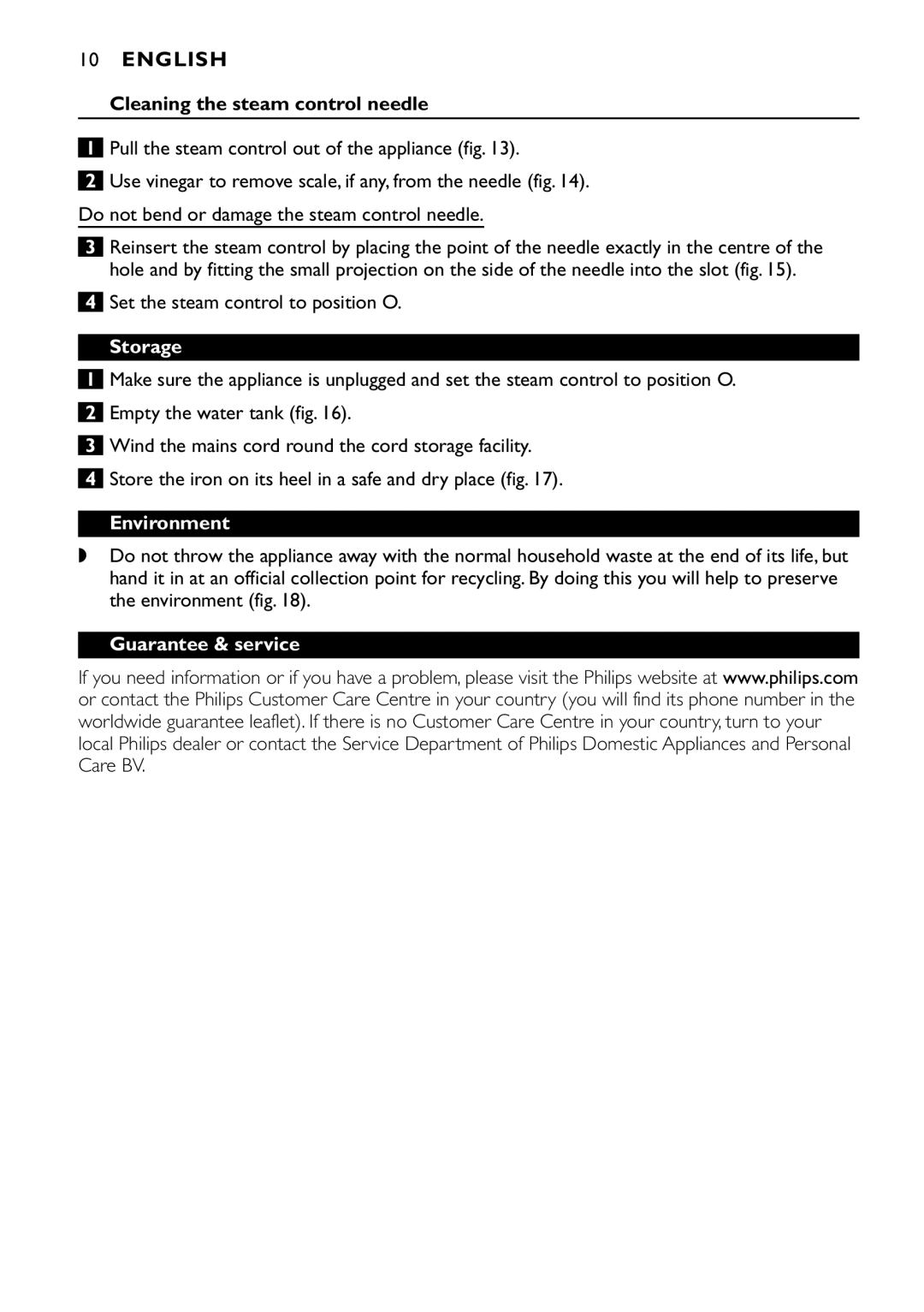 Philips GC1830 Cleaning the steam control needle, Pull the steam control out of the appliance fig, Storage, Environment 