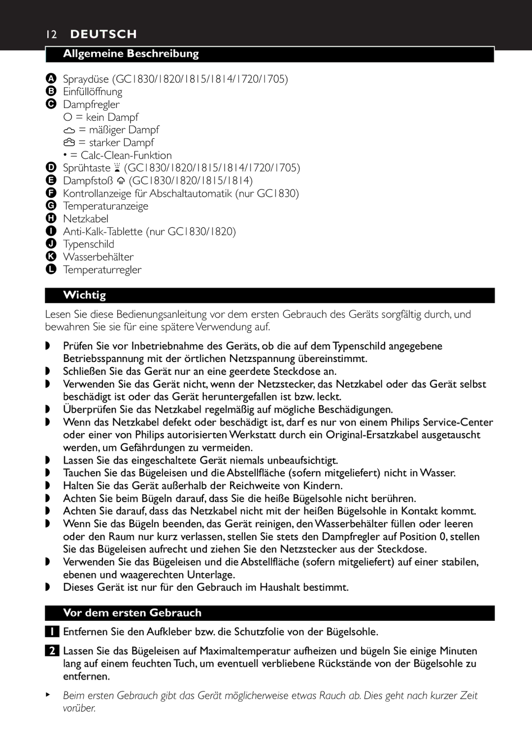 Philips GC1815, GC1830, GC1820, GC1814, GC1720, GC1703 manual Deutsch, Allgemeine Beschreibung, Wichtig, Vor dem ersten Gebrauch 