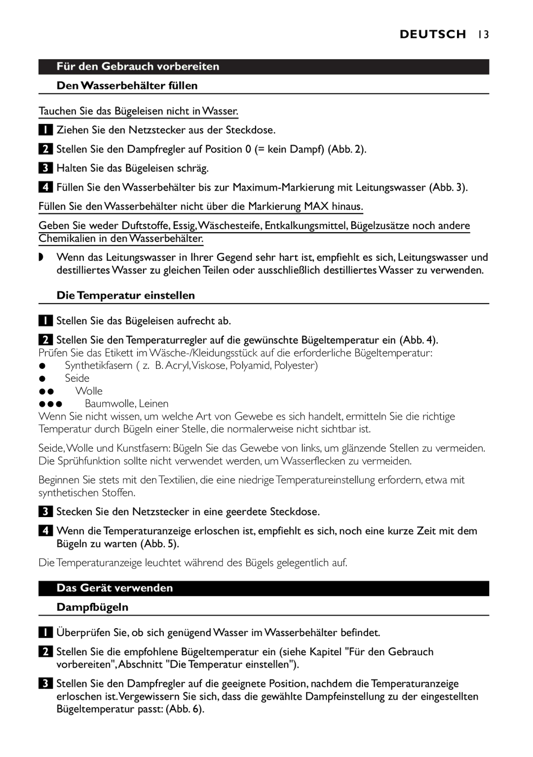 Philips GC1814, GC1830, GC1820, GC1815, GC1720, GC1703, GC1702 manual Deutsch, Für den Gebrauch vorbereiten, Das Gerät verwenden 