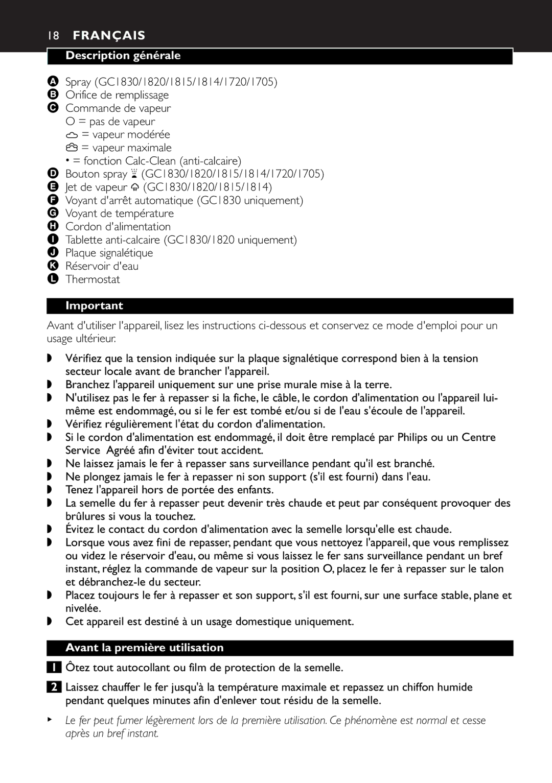 Philips GC1701, GC1830, GC1820, GC1815, GC1814, GC1720, GC1703 Français, Description générale, Avant la première utilisation 