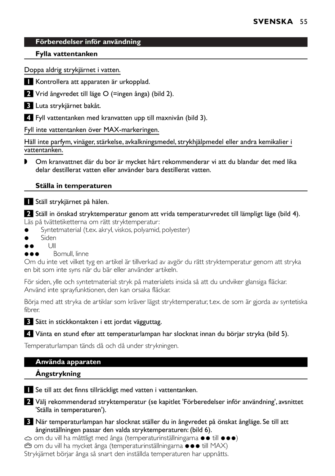 Philips GC1703, GC1830, GC1820, GC1815, GC1814, GC1720, GC1702 manual Svenska, Förberedelser inför användning, Använda apparaten 