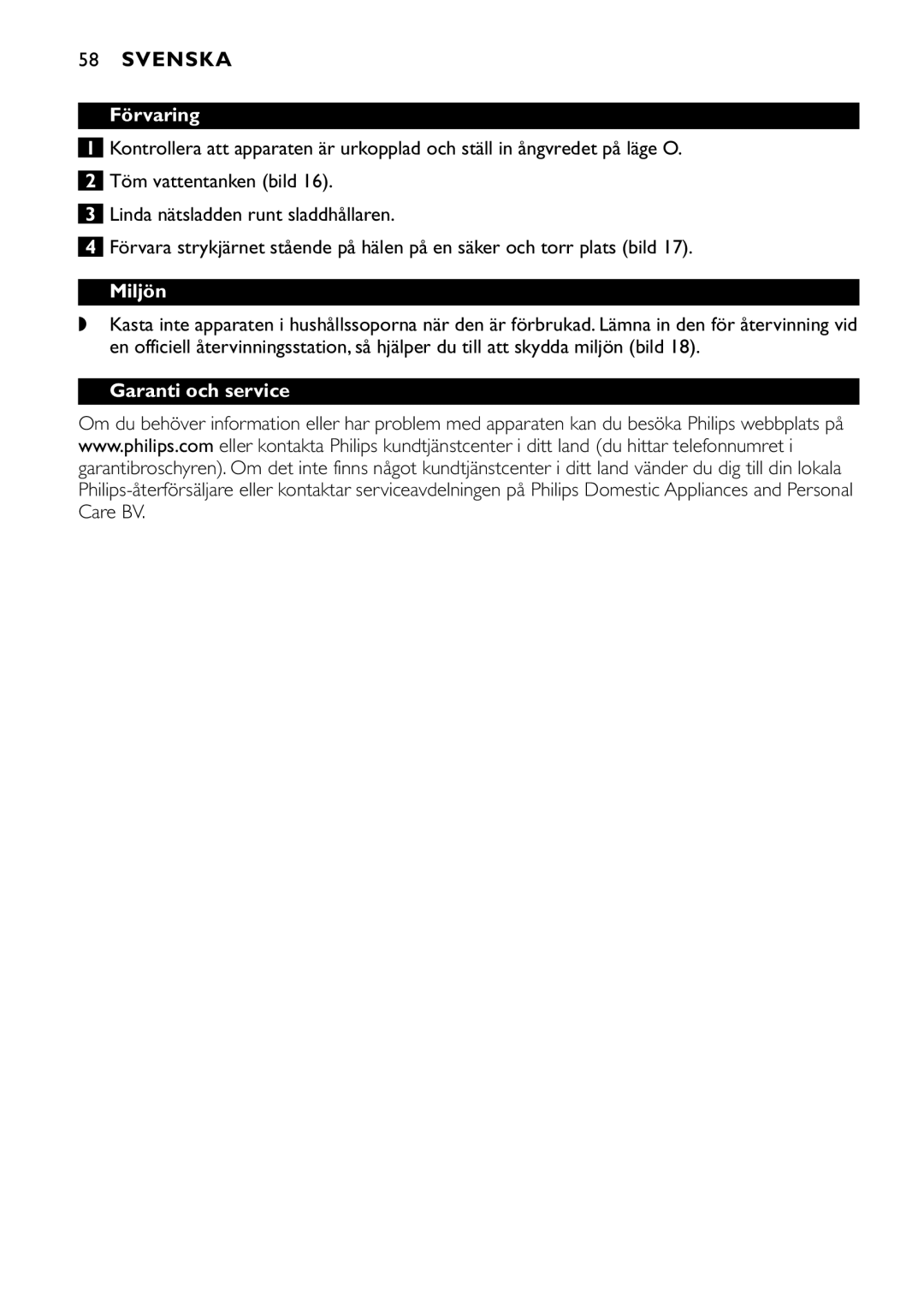 Philips GC1701, GC1830, GC1820, GC1815, GC1814, GC1720, GC1703, GC1702, GC1710, GC1705 manual Förvaring, Miljön, Garanti och service 