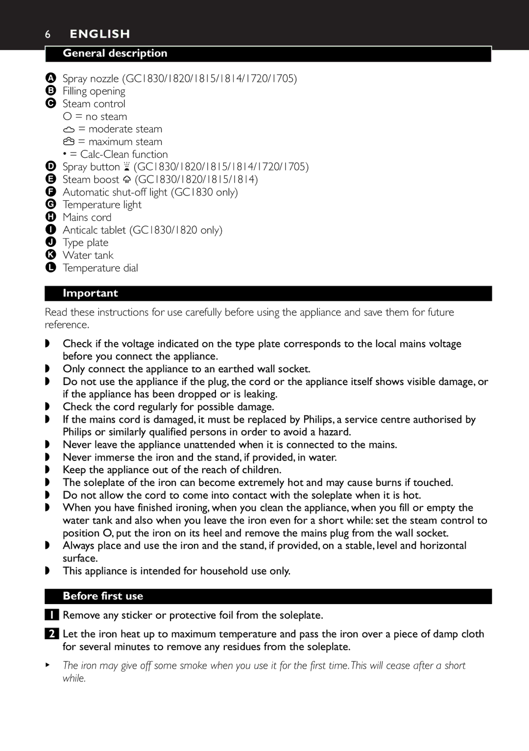 Philips GC1702, GC1830, GC1820, GC1815, GC1814 manual English, General description, Steam control = no steam, Before first use 