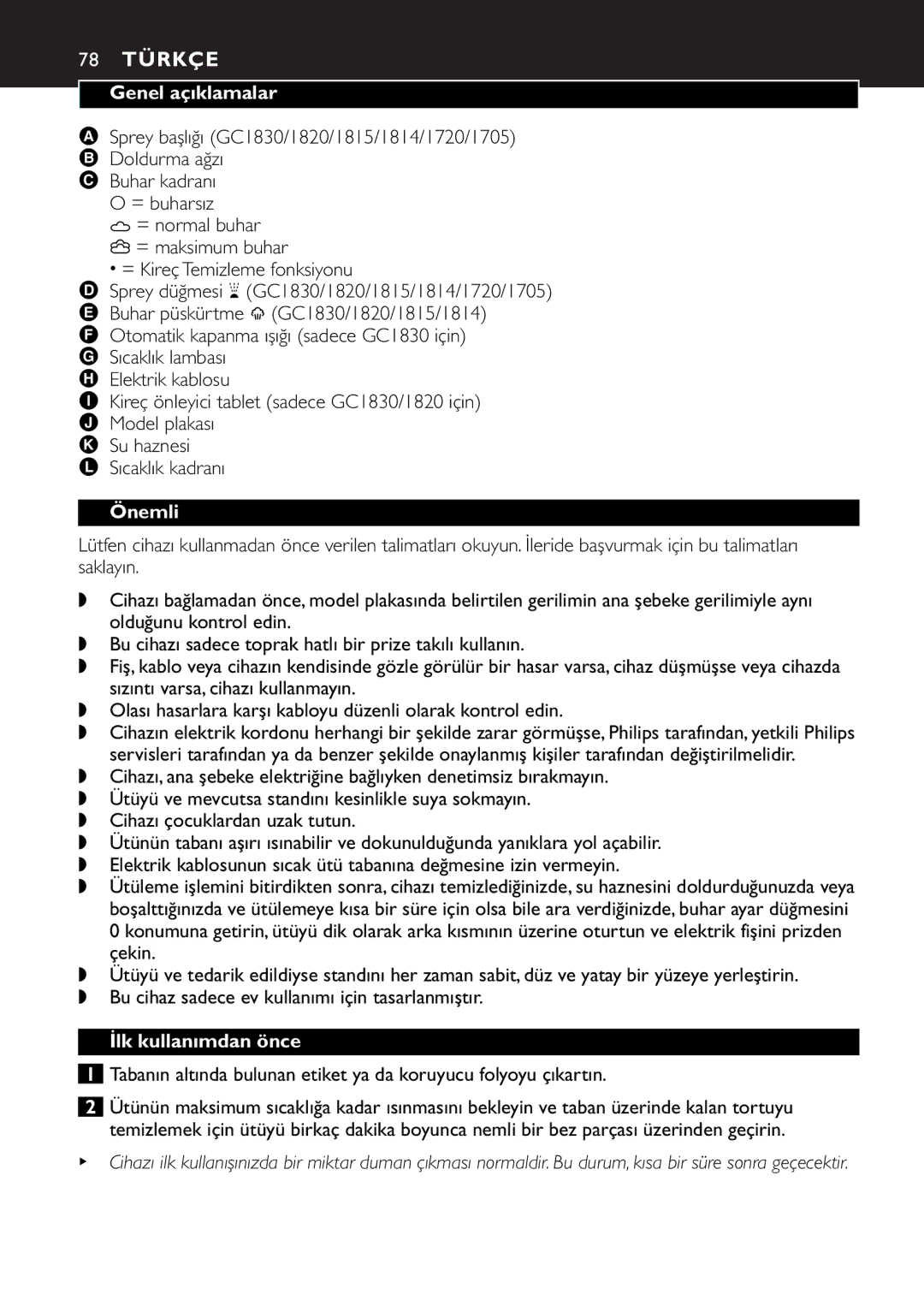 Philips GC1701, GC1830, GC1820, GC1815, GC1814, GC1720, GC1703 manual 78 Türkçe, Genel açıklamalar, Önemli, İlk kullanımdan önce 