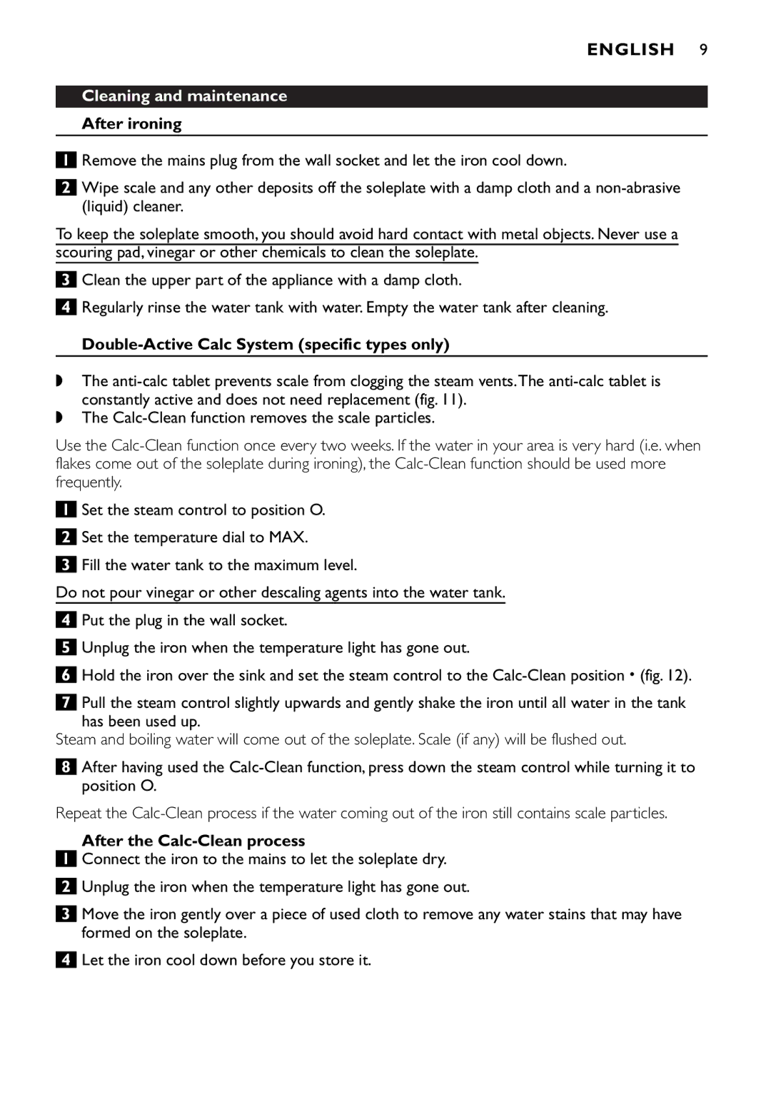 Philips GC1705, GC1830, GC1820 manual Cleaning and maintenance, After ironing, Double-Active Calc System specific types only 