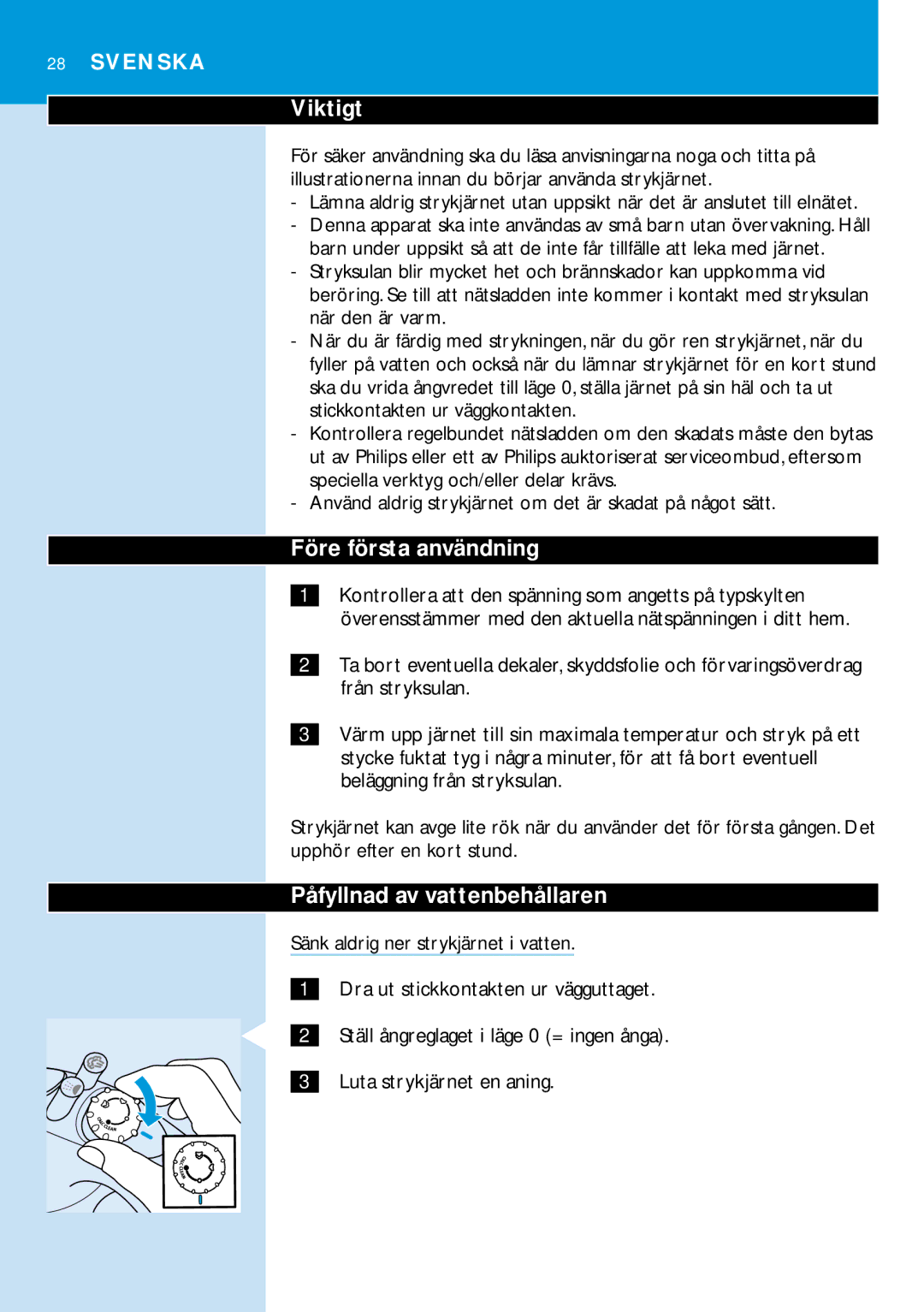 Philips GC2030 manual Viktigt, Före första användning, Påfyllnad av vattenbehållaren, Luta strykjärnet en aning 