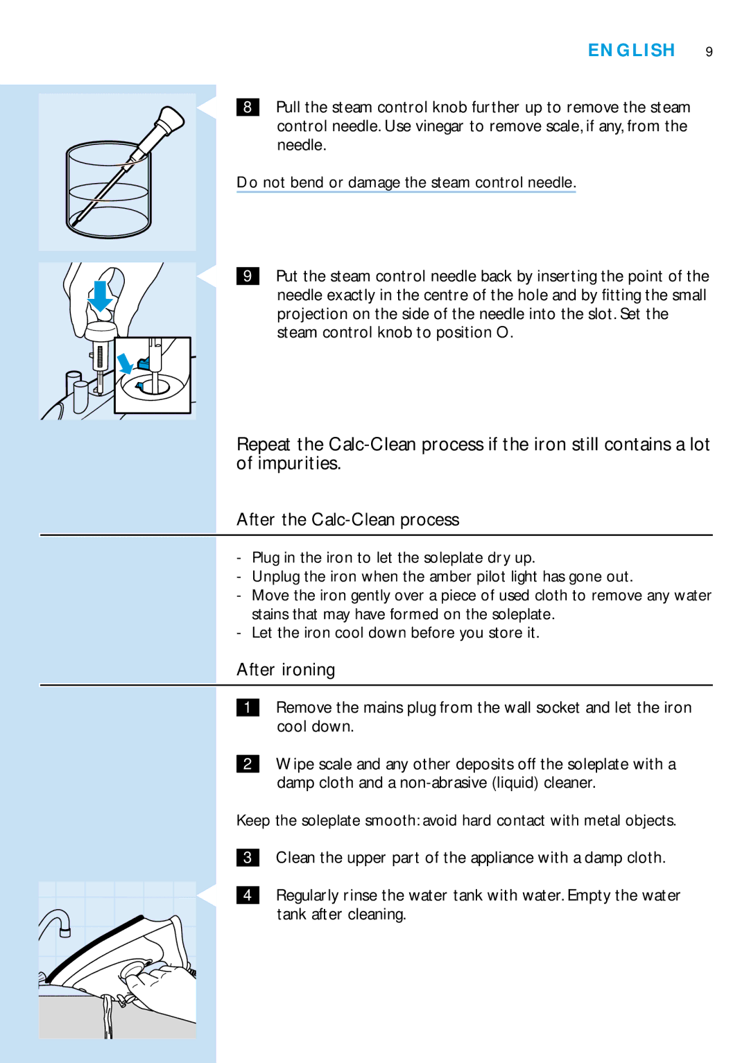 Philips GC2030 manual After the Calc-Clean process, After ironing 