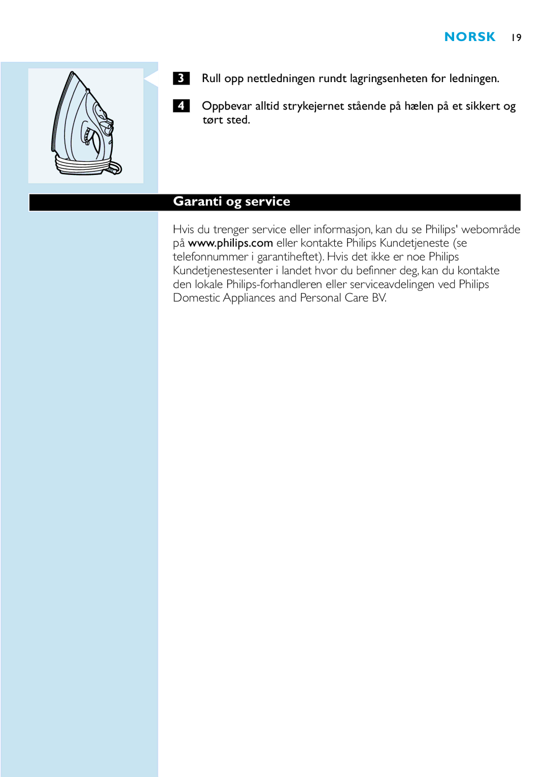 Philips GC2110, GC2115, GC2105, GC2125, GC2130, GC2220, GC2120, GC2215, GC2225 manual Garanti og service 