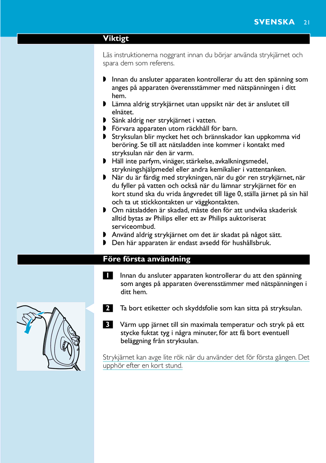 Philips GC2125, GC2115, GC2110, GC2105, GC2130, GC2220, GC2120 manual Viktigt, Före första användning, Upphör efter en kort stund 