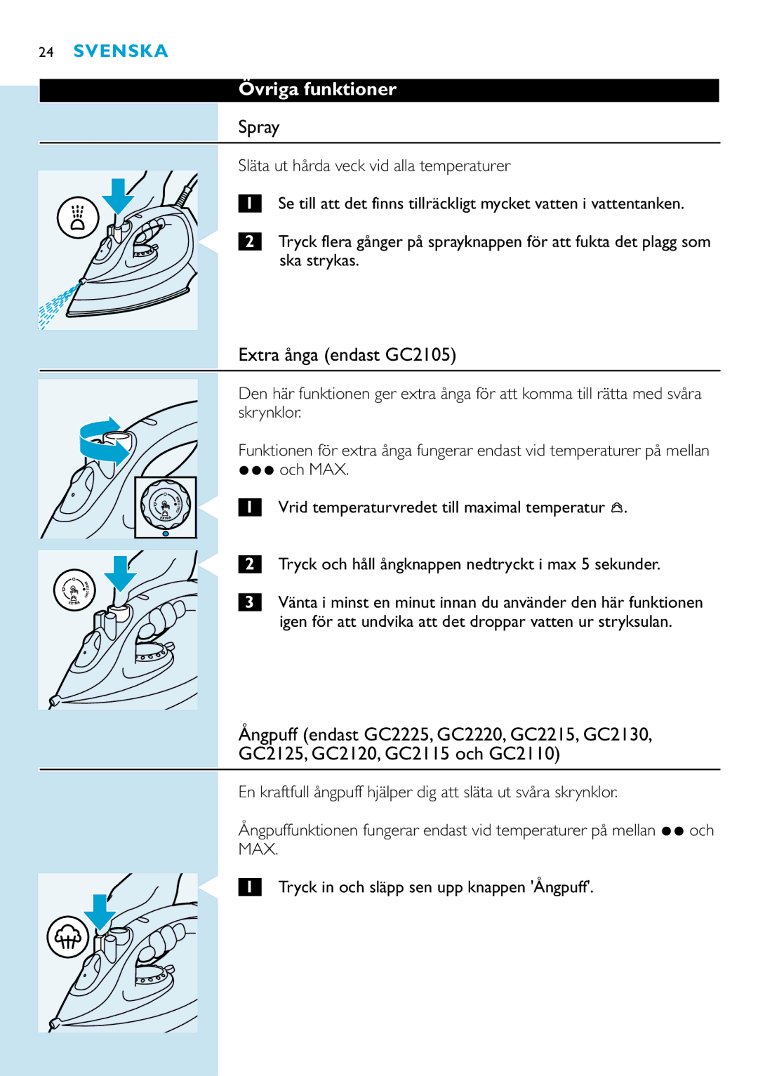 Philips GC2120, GC2115, GC2110 Övriga funktioner Spray, Extra ånga endast GC2105, Släta ut hårda veck vid alla temperaturer 