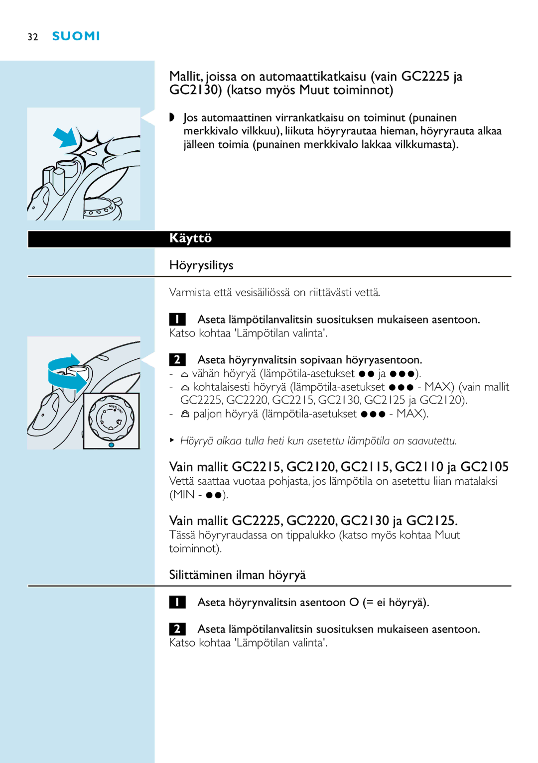 Philips Vain mallit GC2215, GC2120, GC2115, GC2110 ja GC2105, Vain mallit GC2225, GC2220, GC2130 ja GC2125, Käyttö 