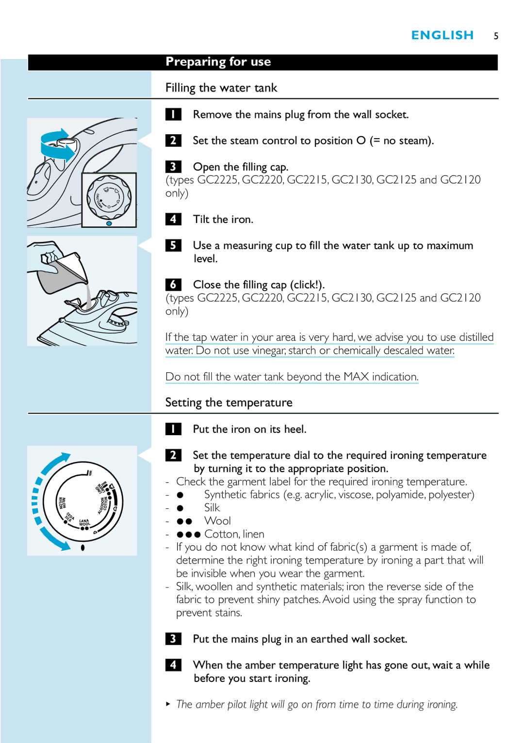 Philips GC2220, GC2115, GC2110, GC2105, GC2125, GC2130 manual Preparing for use, Filling the water tank, Setting the temperature 