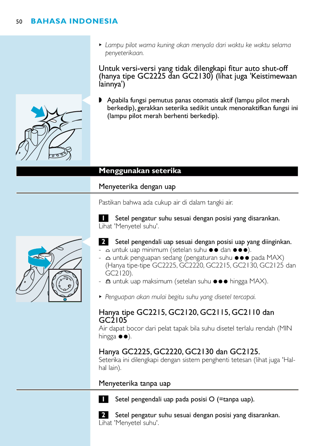 Philips manual Hanya tipe GC2215, GC2120, GC2115, GC2110 dan GC2105, Hanya GC2225, GC2220, GC2130 dan GC2125 