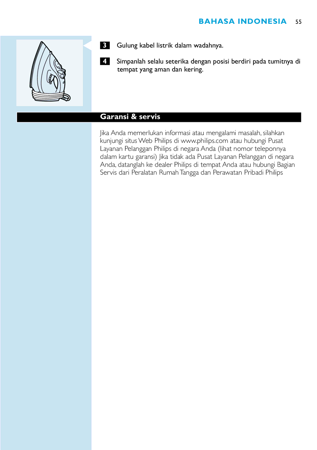 Philips GC2110, GC2115, GC2105, GC2125, GC2130, GC2220, GC2120, GC2215, GC2225 manual Garansi & servis 