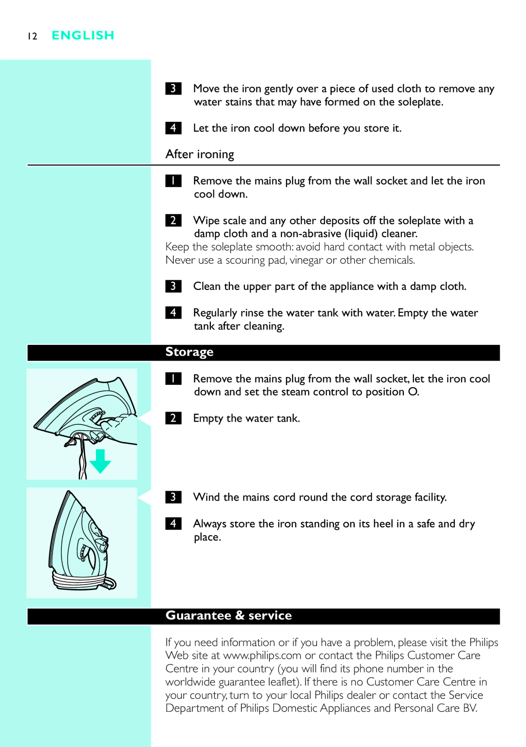 Philips GC2130, GC2115, GC2110 manual After ironing, Storage, Guarantee & service, Let the iron cool down before you store it 