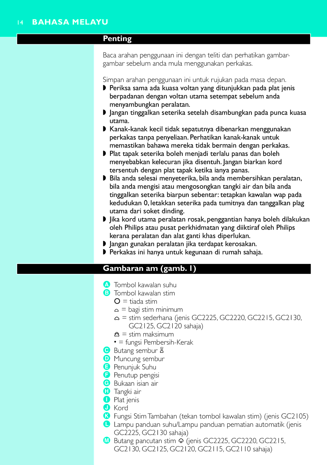 Philips GC2120, GC2115, GC2110, GC2105, GC2125, GC2220, GC2215 manual Gambaran am gamb, Plat jenis J Kord, GC2225, GC2130 sahaja 