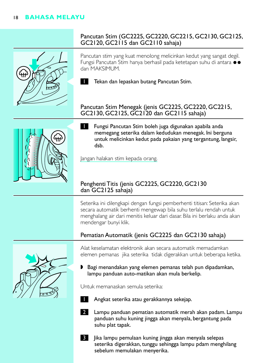 Philips GC2105, GC2115, GC2110, GC2125, GC2220, GC2120, GC2215 manual Pematian Automatik jenis GC2225 dan GC2130 sahaja 