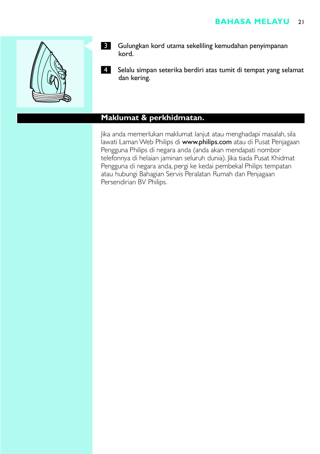 Philips GC2220, GC2115, GC2110, GC2105, GC2125, GC2130, GC2120, GC2215 manual Maklumat & perkhidmatan 