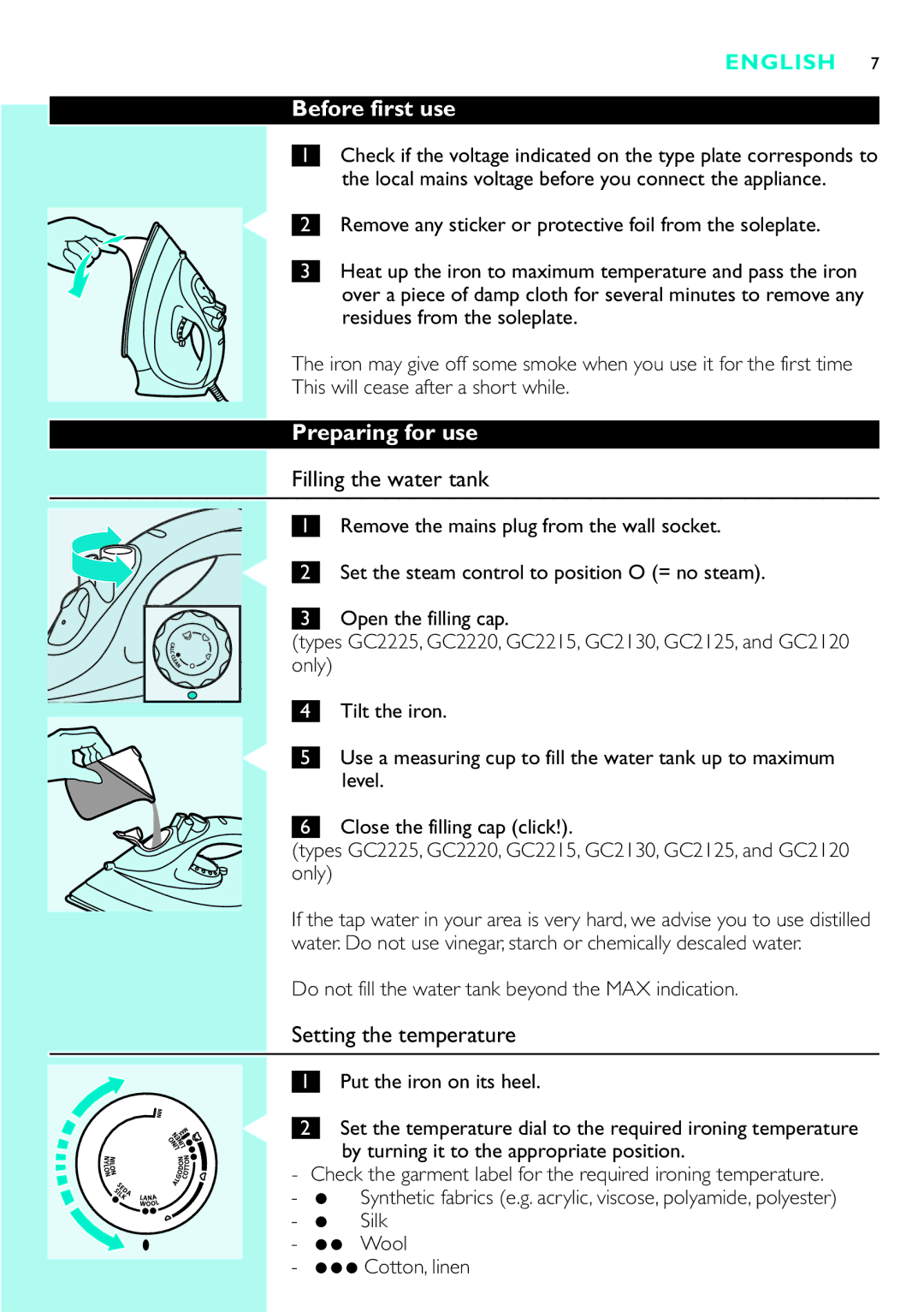 Philips GC2215, GC2115, GC2110, GC2105 Before first use, Preparing for use, Filling the water tank, Setting the temperature 
