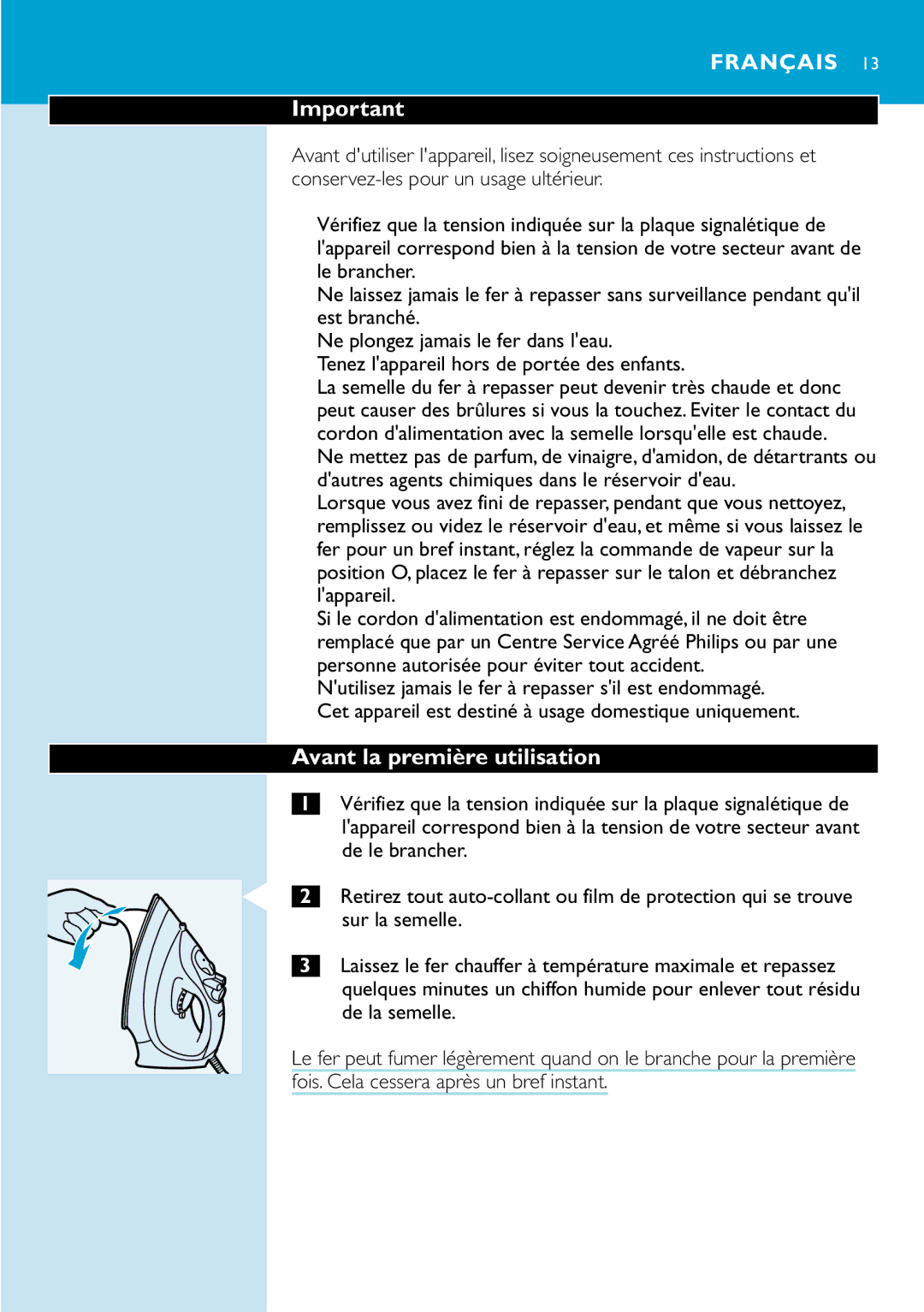 Philips GC2125, GC2115, GC2126, GC2110, GC2105, GC2130, GC2220, GC2120, GC2215 manual Avant la première utilisation, Français 