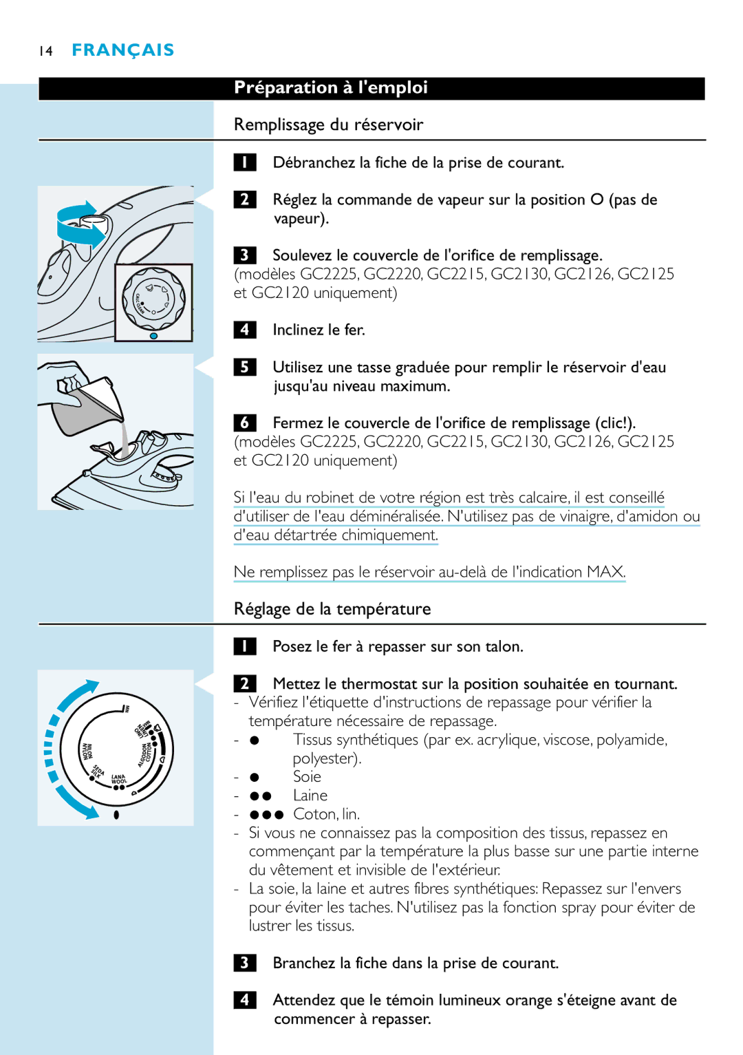 Philips GC2130, GC2115, GC2126, GC2110, GC2105 Préparation à lemploi, Remplissage du réservoir, Réglage de la température 