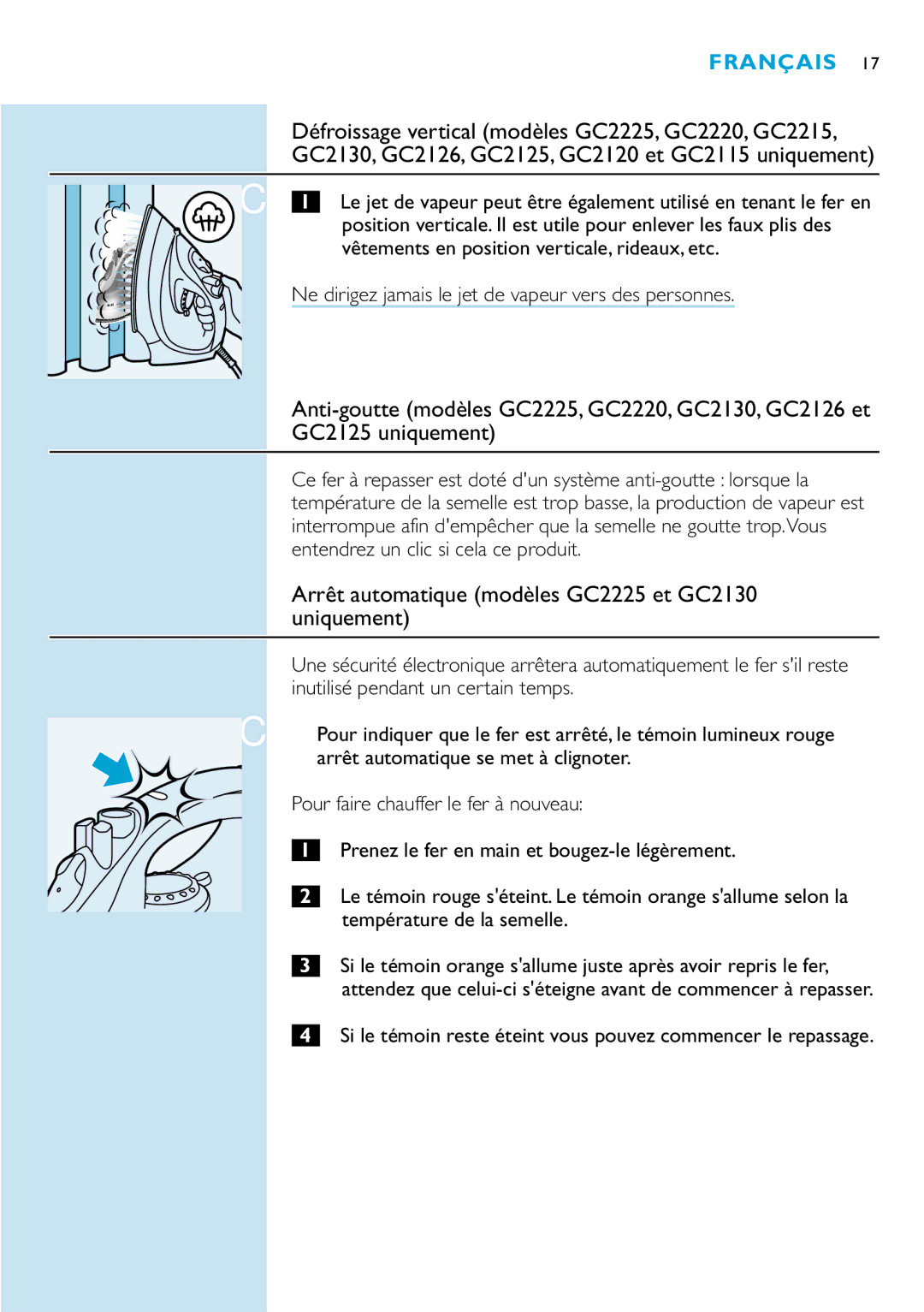 Philips GC2215, GC2115, GC2126, GC2110, GC2105, GC2125, GC2220, GC2120 Arrêt automatique modèles GC2225 et GC2130 uniquement 