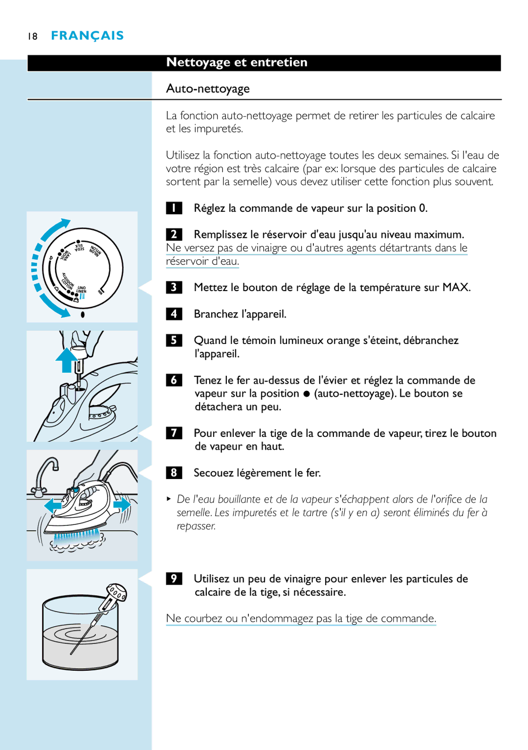 Philips GC2115, GC2126, GC2110, GC2105, GC2125, GC2130, GC2220, GC2120, GC2215 manual Nettoyage et entretien, Auto-nettoyage 