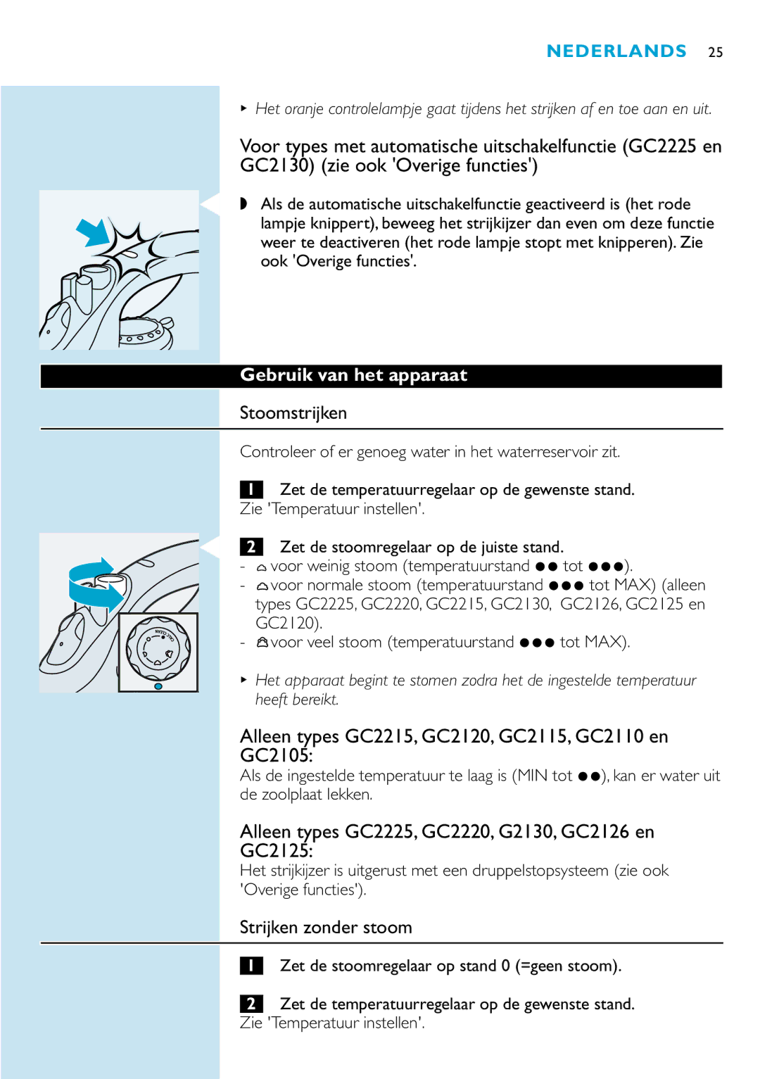 Philips Alleen types GC2215, GC2120, GC2115, GC2110 en GC2105, Alleen types GC2225, GC2220, G2130, GC2126 en GC2125 