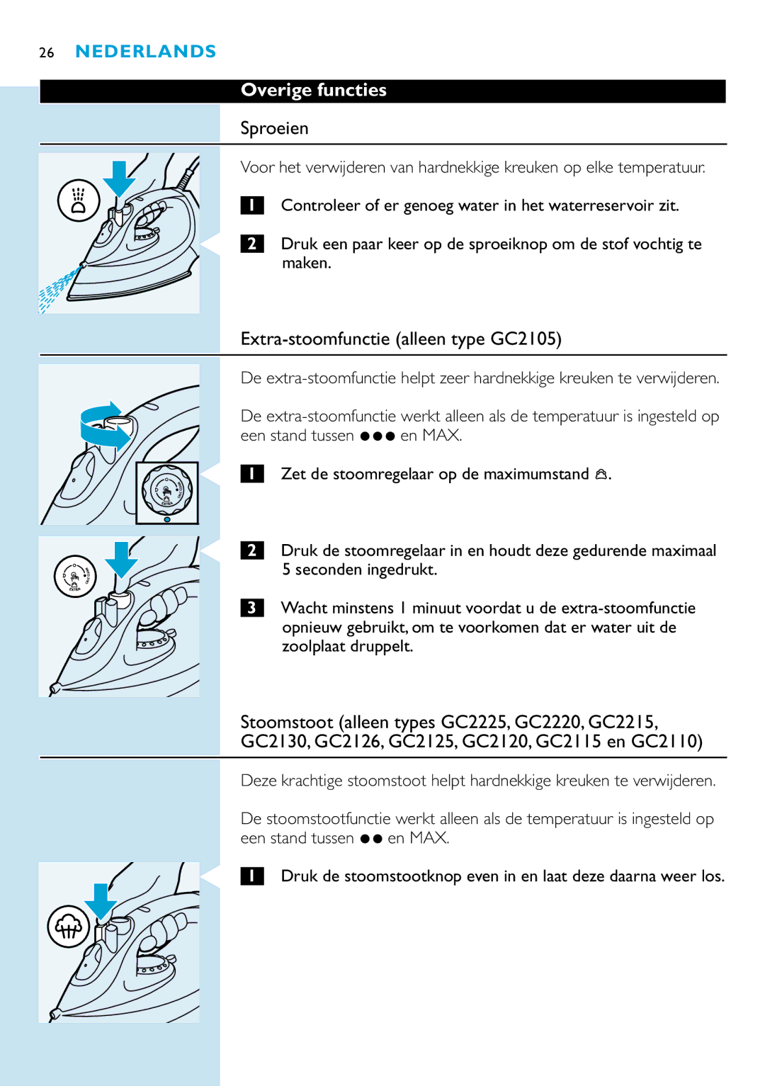 Philips GC2215, GC2115, GC2126, GC2110, GC2125, GC2130 manual Overige functies, Sproeien, Extra-stoomfunctie alleen type GC2105 