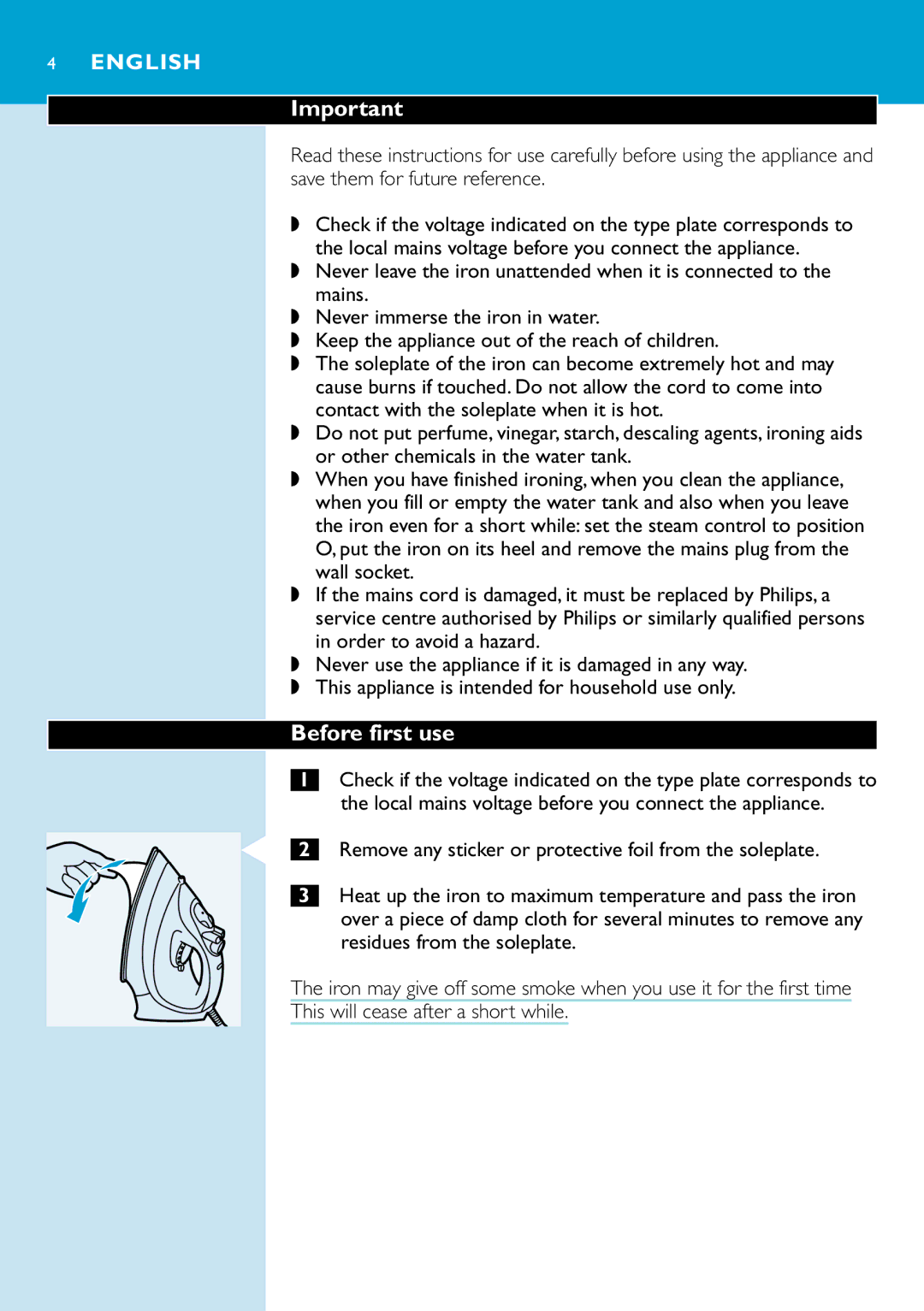 Philips GC2125, GC2115, GC2126, GC2110, GC2105, GC2130, GC2220, GC2120, GC2215 manual Before first use, English 