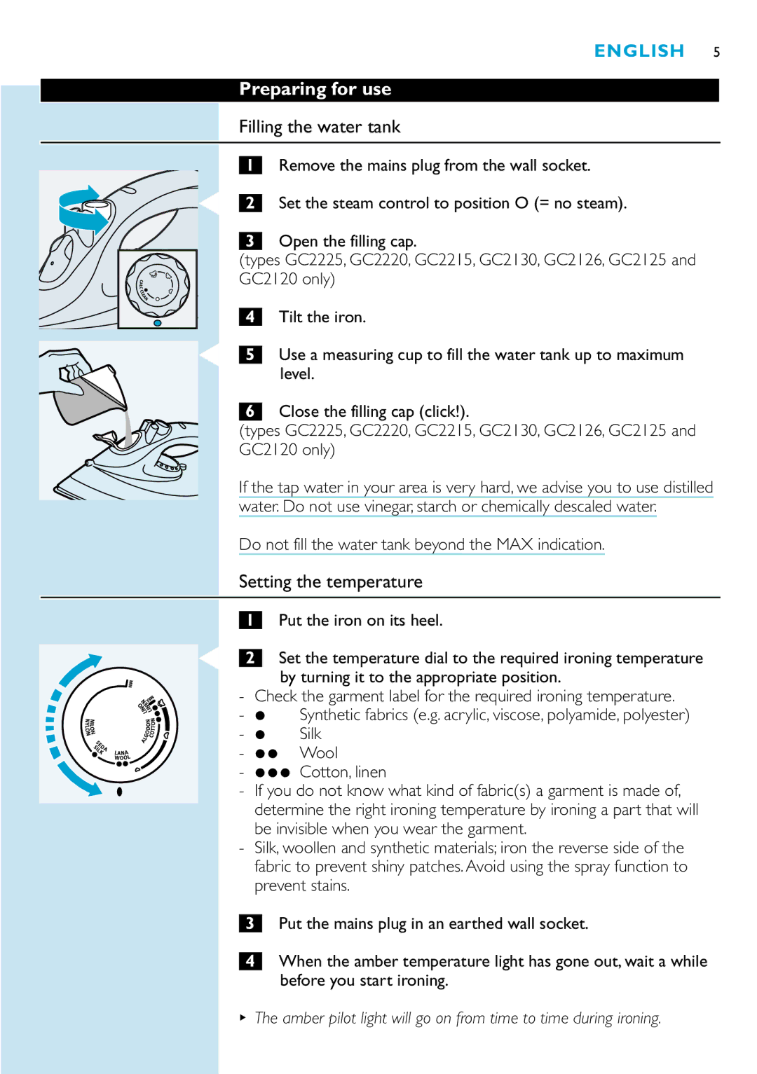 Philips GC2130, GC2115, GC2126, GC2110, GC2105, GC2125 manual Preparing for use, Filling the water tank, Setting the temperature 