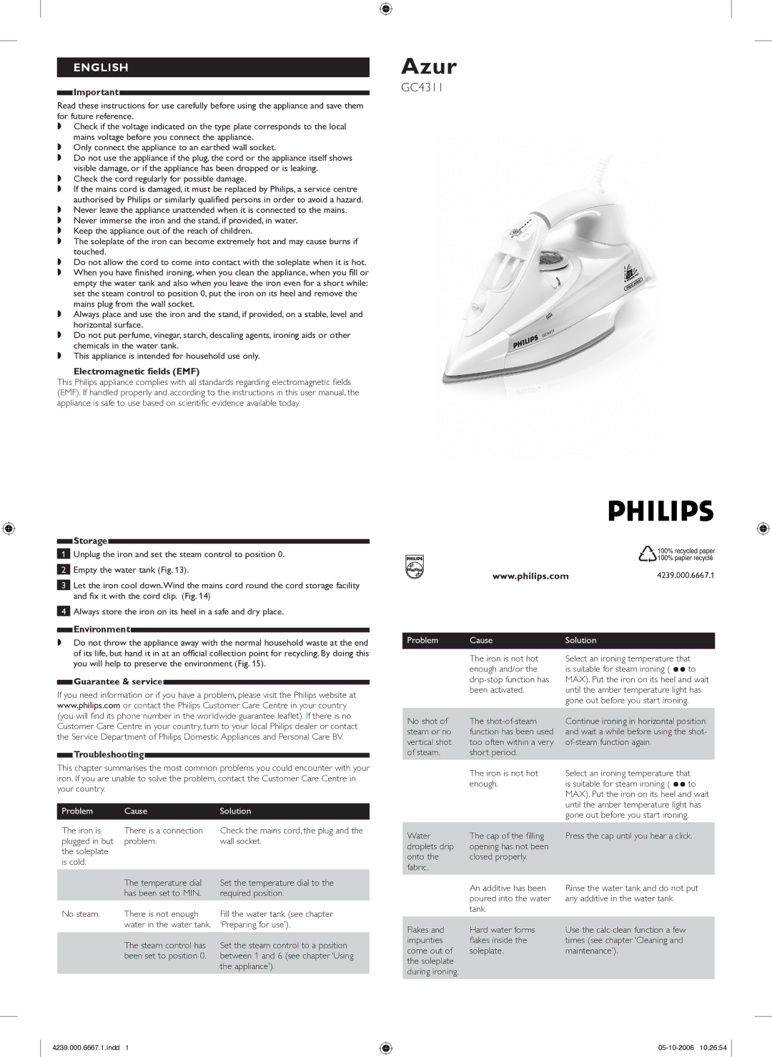 Philips GC4311 user manual Electromagnetic fields EMF, Storage, Guarantee & service, Troubleshooting 