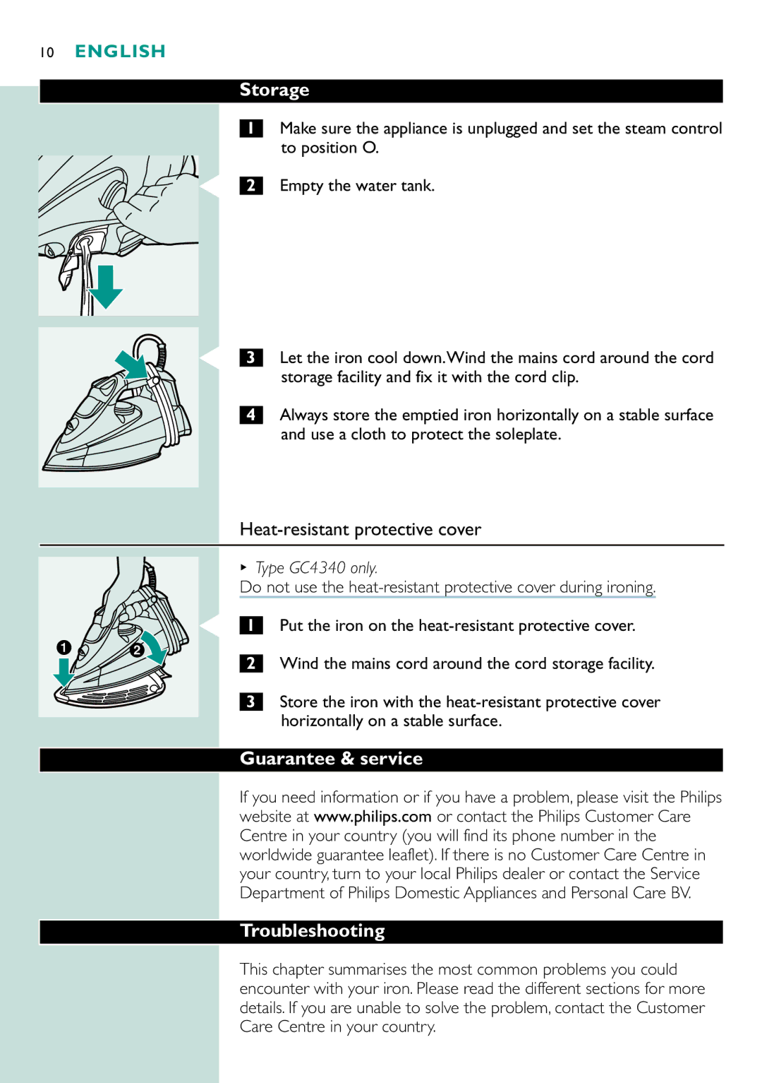 Philips GC4330, gc4310 Storage, Heat-resistant protective cover, Guarantee & service Troubleshooting, Type GC4340 only 