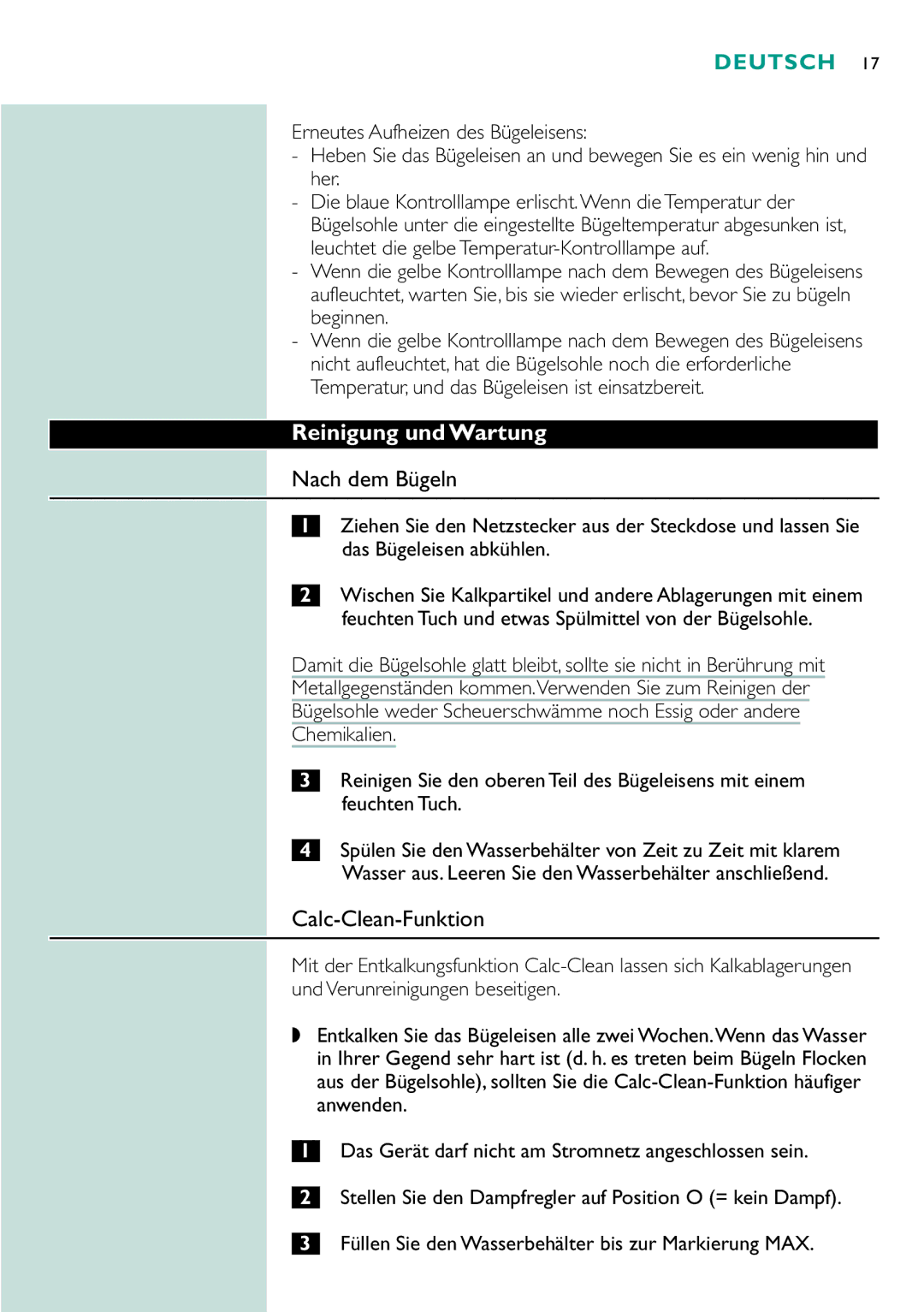 Philips gc4310, GC4330, GC4340, GC4320 manual Reinigung und Wartung, Nach dem Bügeln, Calc-Clean-Funktion 