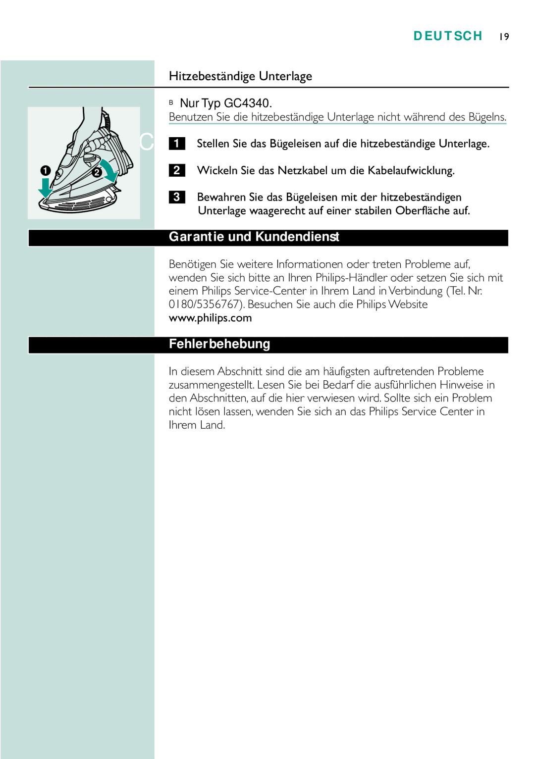 Philips GC4320, GC4330, gc4310 manual Hitzebeständige Unterlage, Garantie und Kundendienst Fehlerbehebung, Nur Typ GC4340 