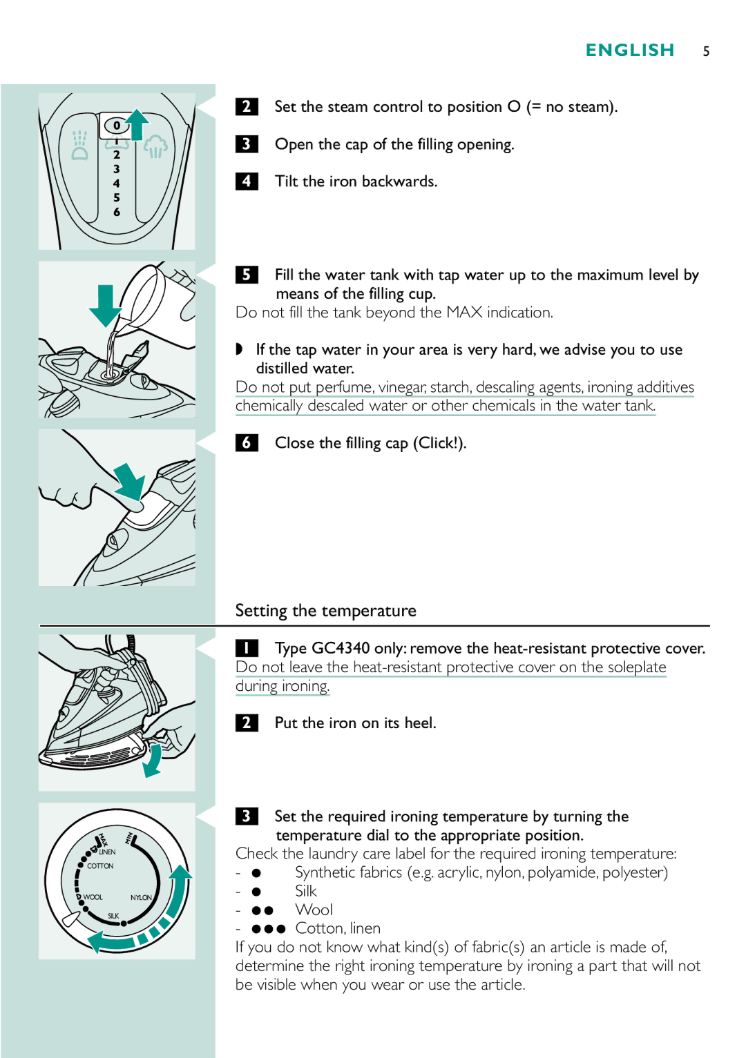 Philips gc4310, GC4330 Setting the temperature, Set the steam control to position O = no steam, Tilt the iron backwards 