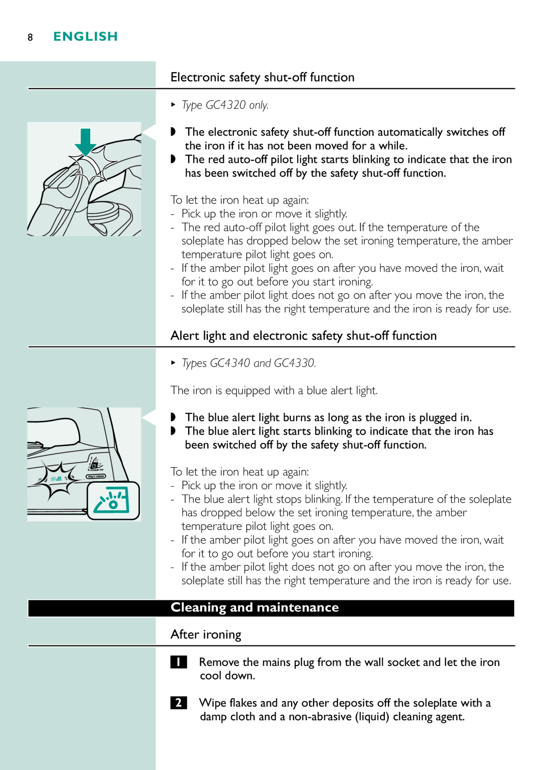 Philips GC4330 Electronic safety shut-off function, Alert light and electronic safety shut-off function, After ironing 