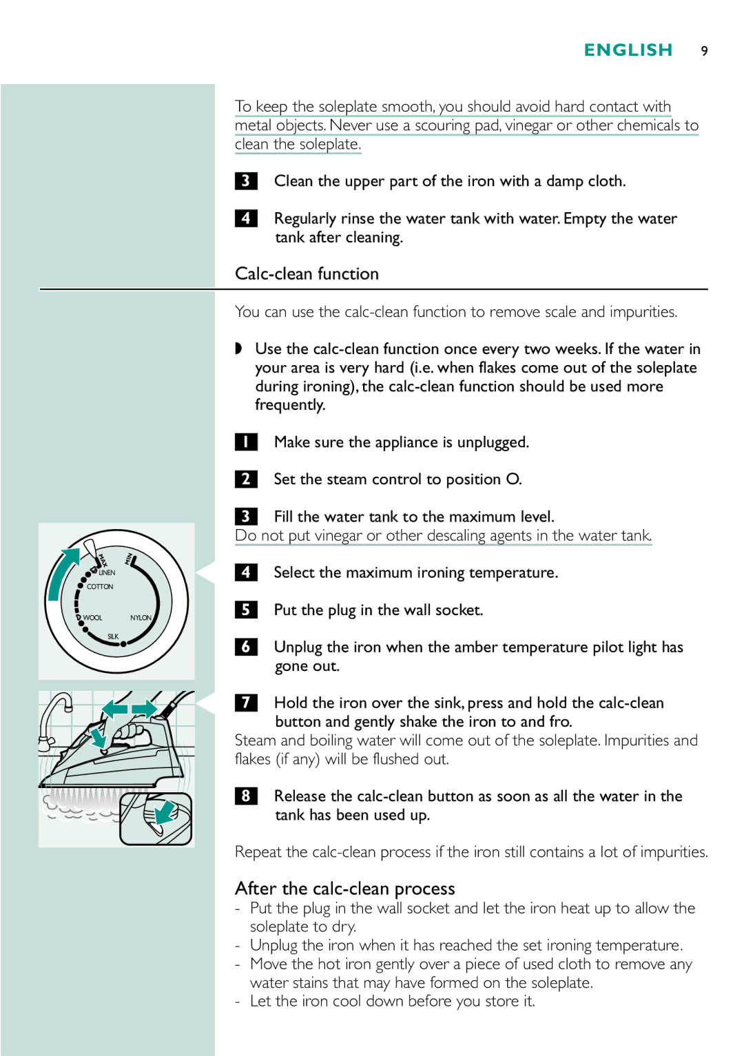 Philips gc4310, GC4330, GC4340, GC4320 manual Calc-clean function, Let the iron cool down before you store it 