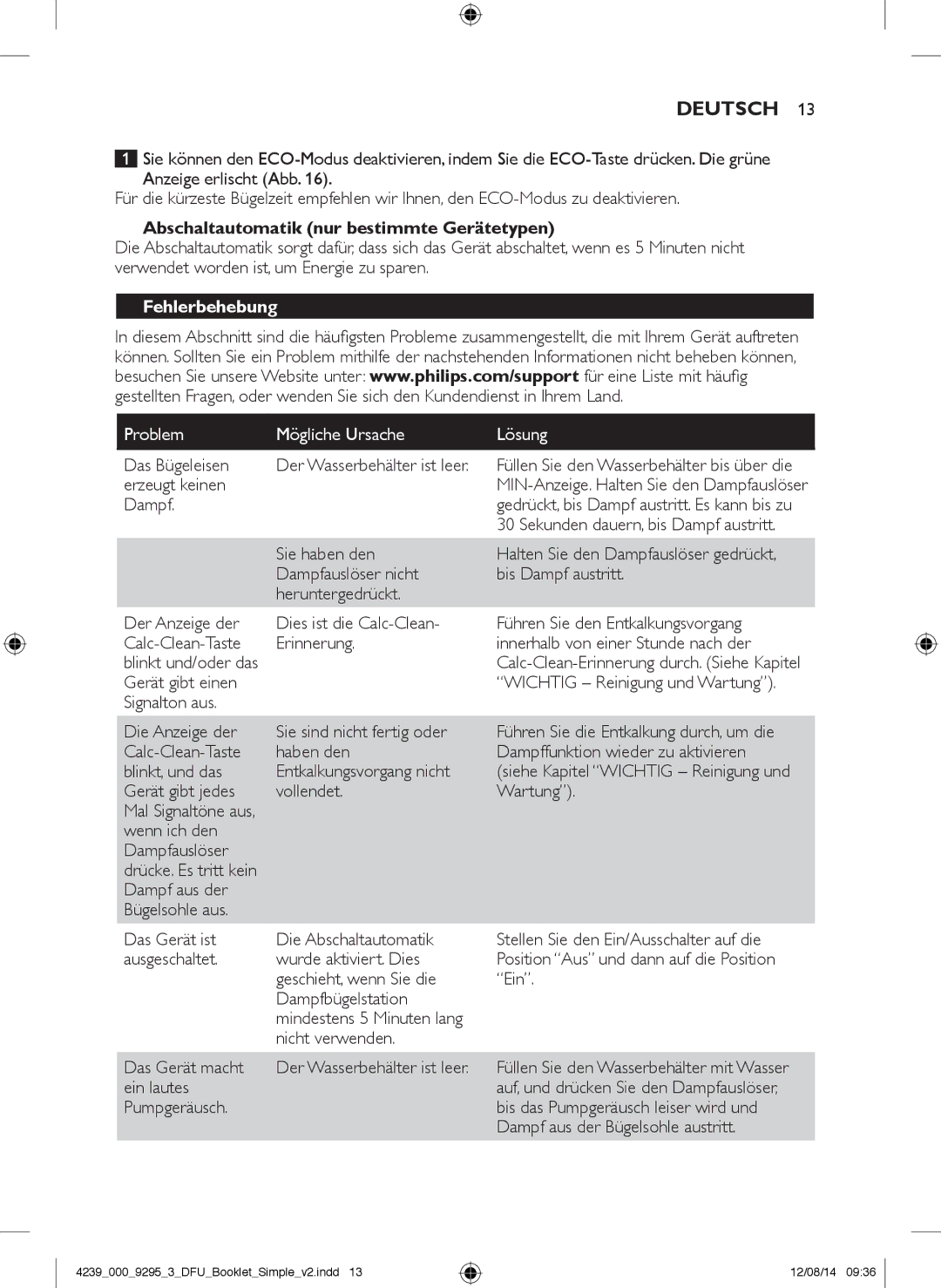 Philips GC7000 user manual Abschaltautomatik nur bestimmte Gerätetypen, Fehlerbehebung, Problem Mögliche Ursache Lösung 