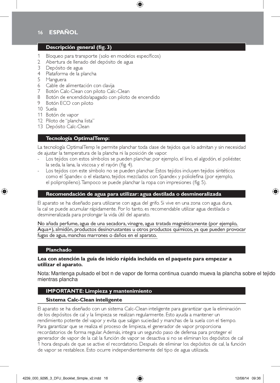 Philips GC7000 Español, Descripción general fig, Tecnología OptimalTemp, Planchado, Importante Limpieza y mantenimiento 