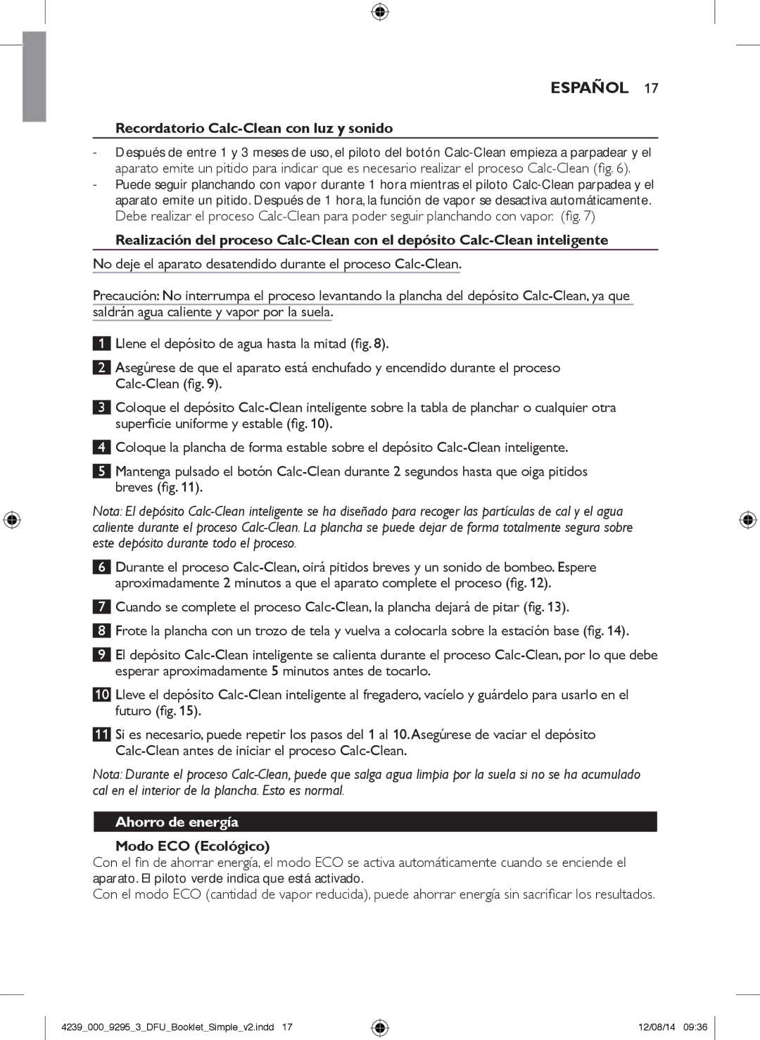 Philips GC7000 user manual Español, Recordatorio Calc-Clean con luz y sonido, Ahorro de energía, Modo ECO Ecológico 