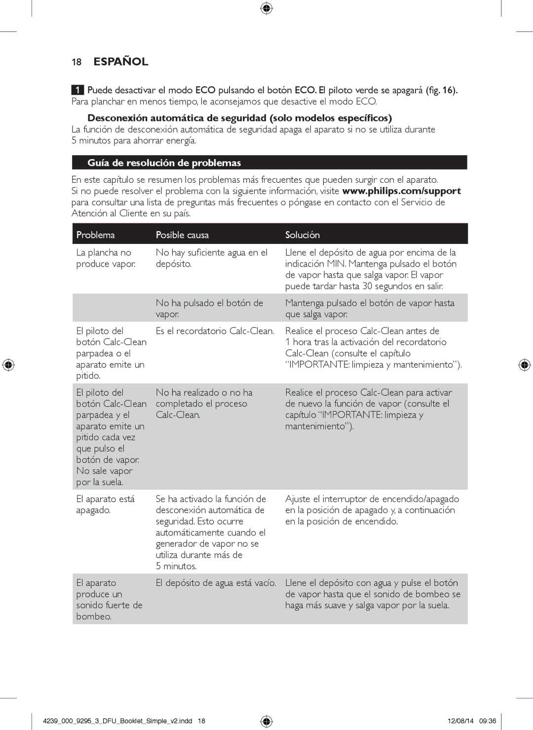 Philips GC7000 user manual Guía de resolución de problemas, Problema Posible causa Solución 