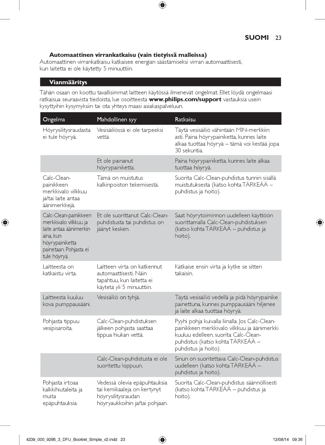 Philips GC7000 user manual Vianmääritys, Ongelma Mahdollinen syy Ratkaisu 