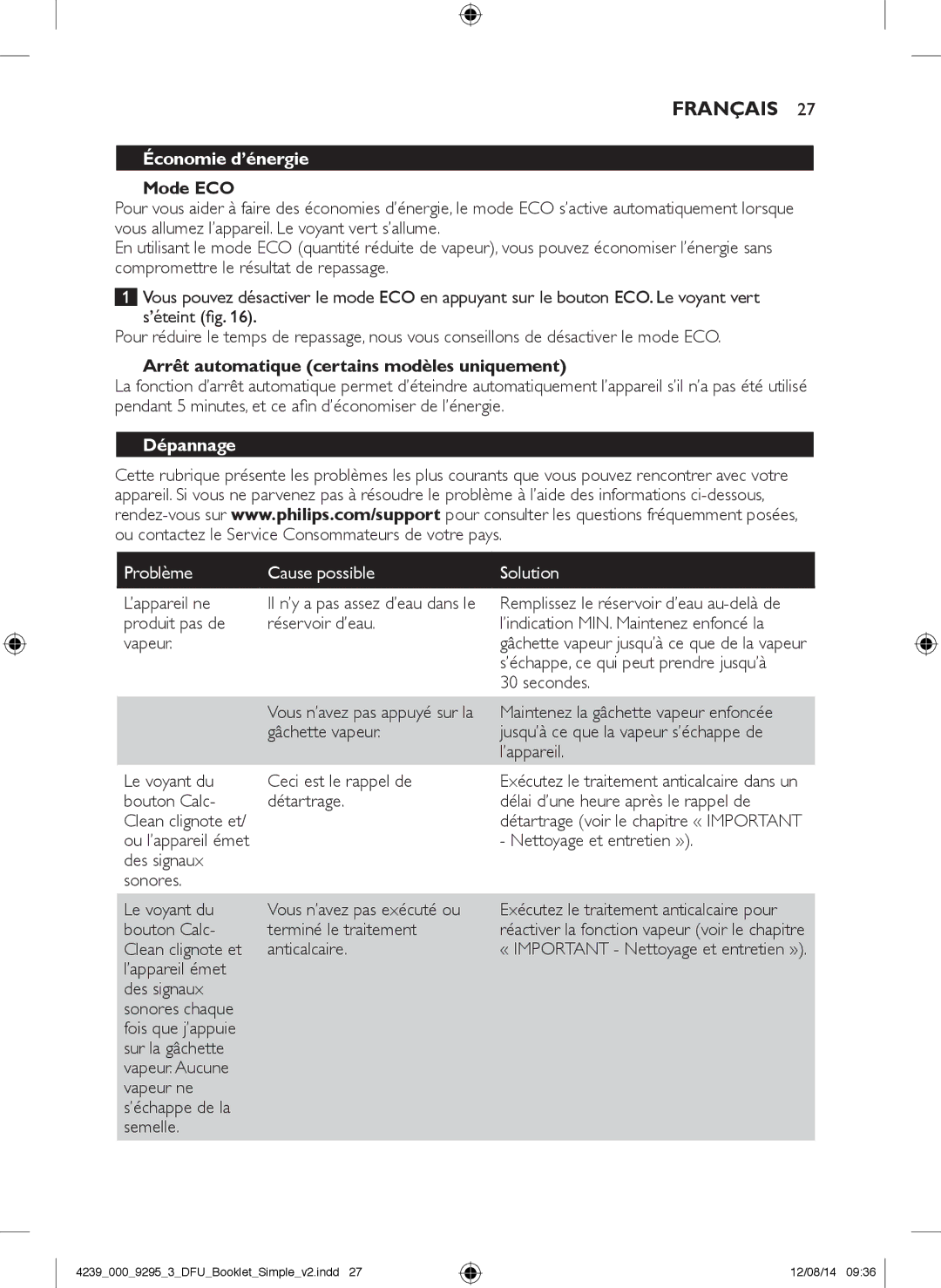 Philips GC7000 user manual Économie d’énergie Mode ECO, Arrêt automatique certains modèles uniquement, Dépannage 